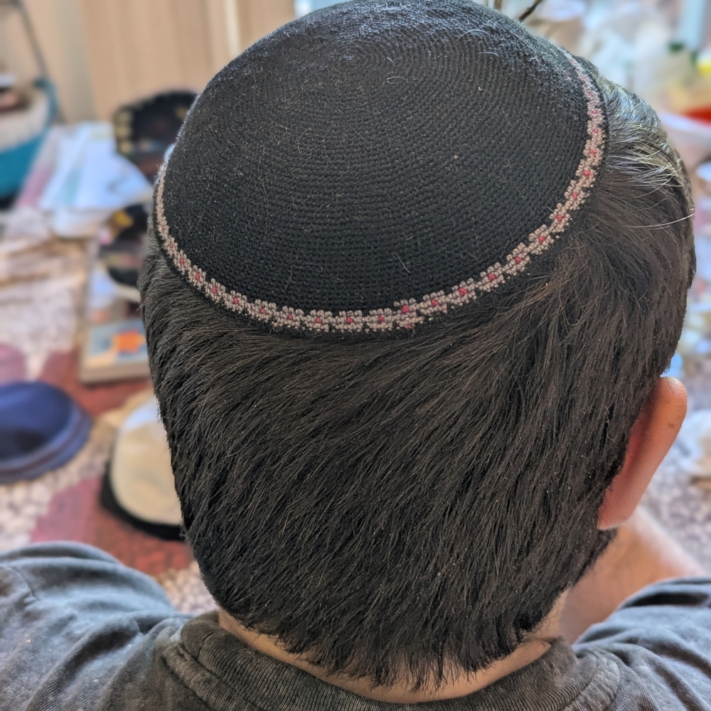 Black Kippah with Red and Gray Trim. Hand Crafted. Jewish. Made In Israel